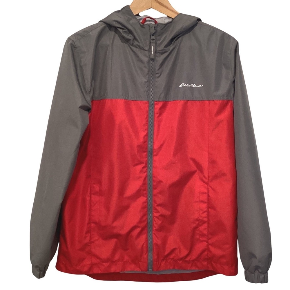 Eddie‎ Bauer Kids Red Grey Colorblock Hooded Windbreaker Jacket Large 14/16